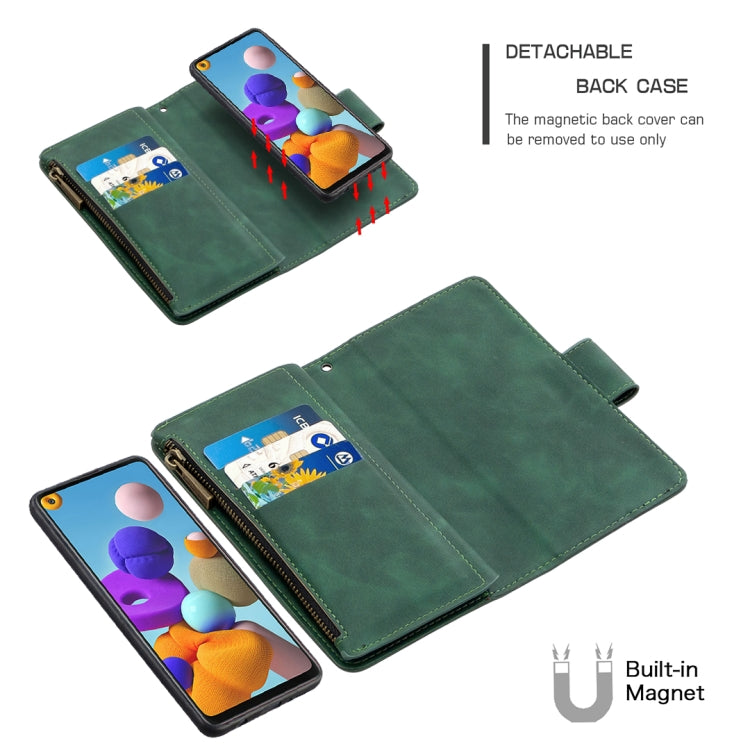 For Samsung Galaxy A21s Skin Feel Detachable Magnetic Zipper Horizontal Flip PU Leather Case with Multi-Card Slots & Holder & Wallet & Photo Frame & Lanyard