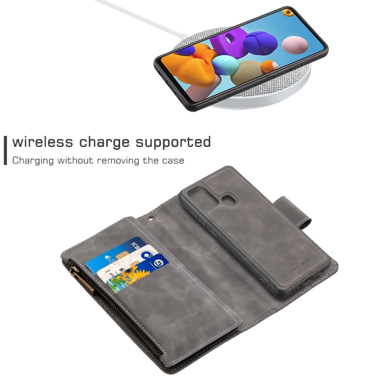 For Samsung Galaxy A21s Skin Feel Detachable Magnetic Zipper Horizontal Flip PU Leather Case with Multi-Card Slots & Holder & Wallet & Photo Frame & Lanyard