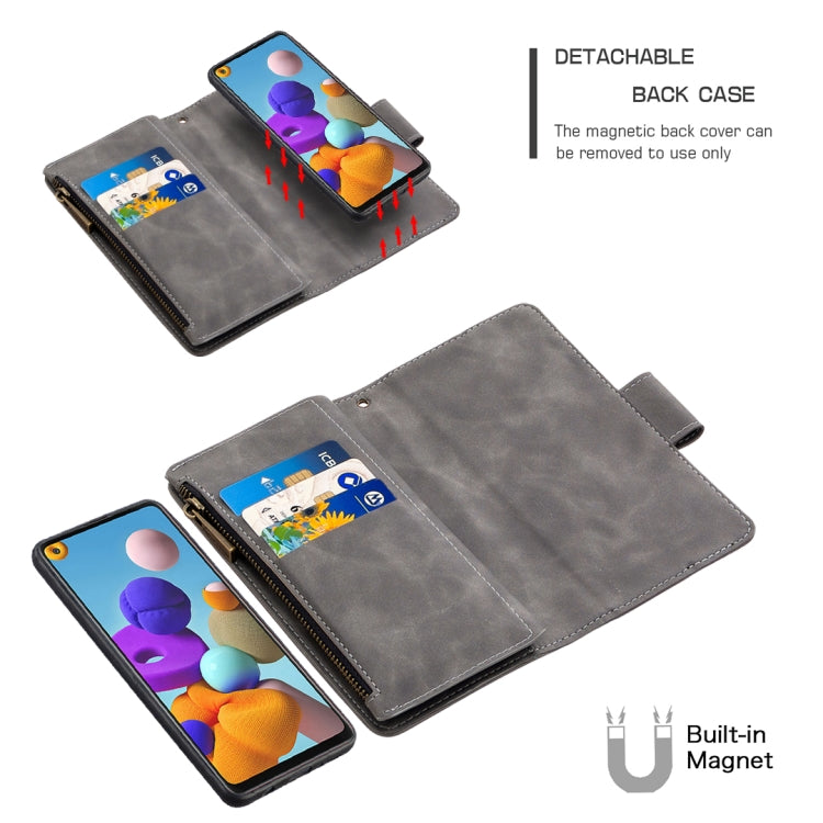 For Samsung Galaxy A21s Skin Feel Detachable Magnetic Zipper Horizontal Flip PU Leather Case with Multi-Card Slots & Holder & Wallet & Photo Frame & Lanyard