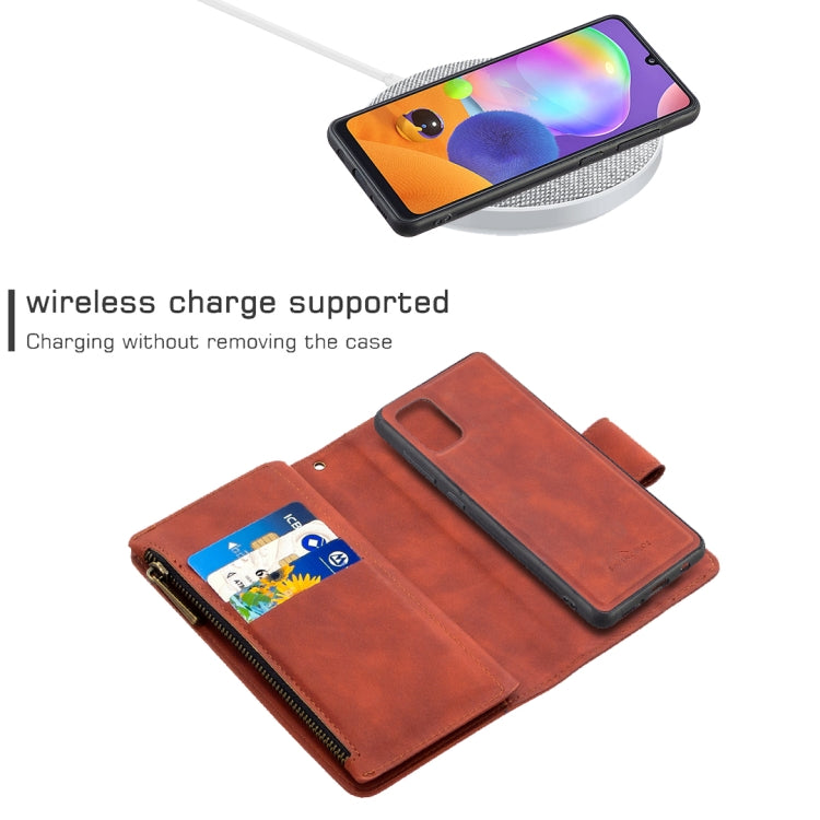 For Samsung Galaxy A31 Skin Feel Detachable Magnetic Zipper Horizontal Flip PU Leather Case with Multi-Card Slots & Holder & Wallet & Photo Frame & Lanyard