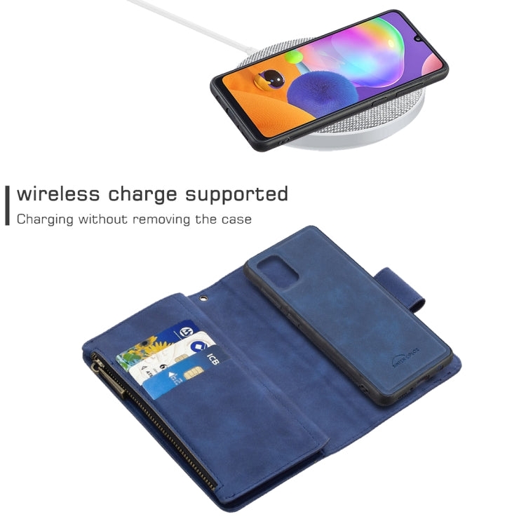 For Samsung Galaxy A31 Skin Feel Detachable Magnetic Zipper Horizontal Flip PU Leather Case with Multi-Card Slots & Holder & Wallet & Photo Frame & Lanyard