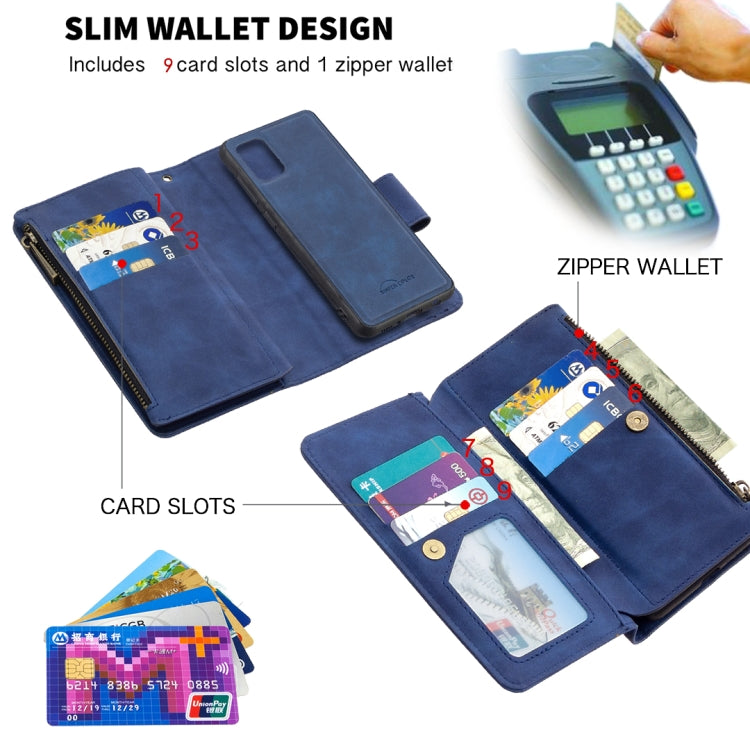 For Samsung Galaxy A31 Skin Feel Detachable Magnetic Zipper Horizontal Flip PU Leather Case with Multi-Card Slots & Holder & Wallet & Photo Frame & Lanyard