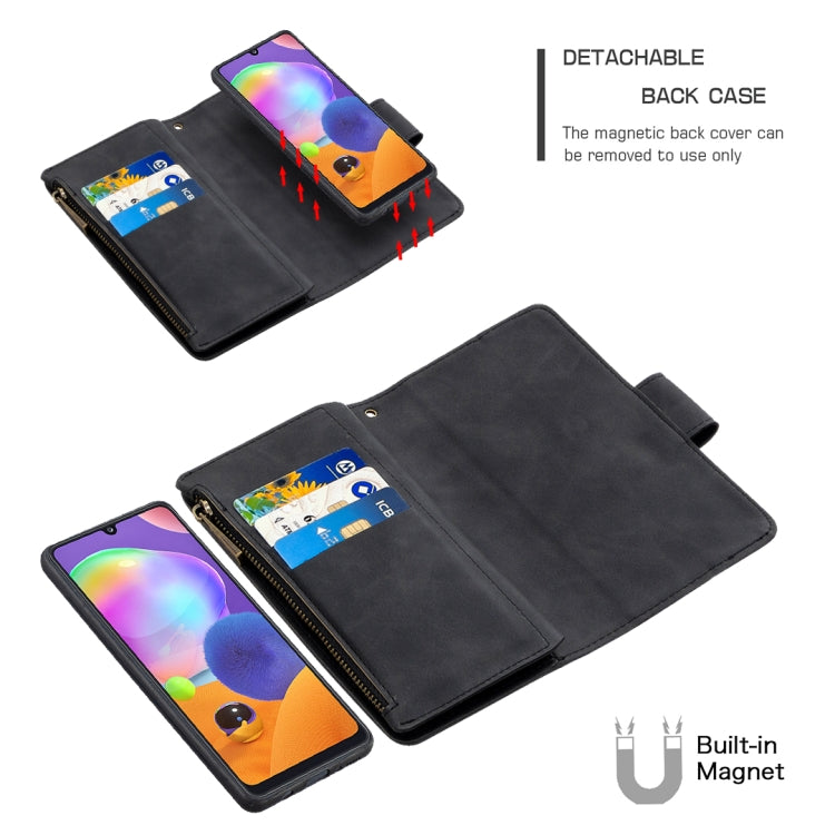 For Samsung Galaxy A31 Skin Feel Detachable Magnetic Zipper Horizontal Flip PU Leather Case with Multi-Card Slots & Holder & Wallet & Photo Frame & Lanyard