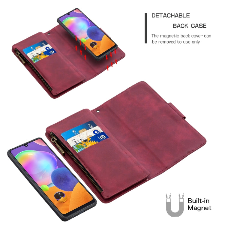 For Samsung Galaxy A31 Skin Feel Detachable Magnetic Zipper Horizontal Flip PU Leather Case with Multi-Card Slots & Holder & Wallet & Photo Frame & Lanyard