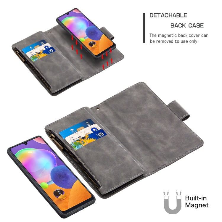 For Samsung Galaxy A31 Skin Feel Detachable Magnetic Zipper Horizontal Flip PU Leather Case with Multi-Card Slots & Holder & Wallet & Photo Frame & Lanyard