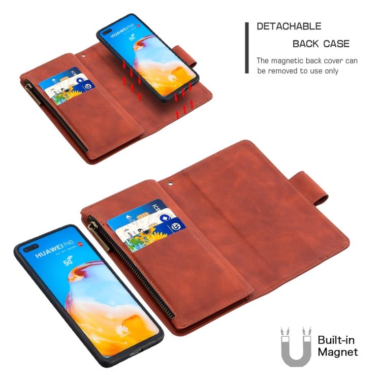 For Huawei P40 Skin Feel Detachable Magnetic Zipper Horizontal Flip PU Leather Case with Multi-Card Slots & Holder & Wallet & Photo Frame & Lanyard