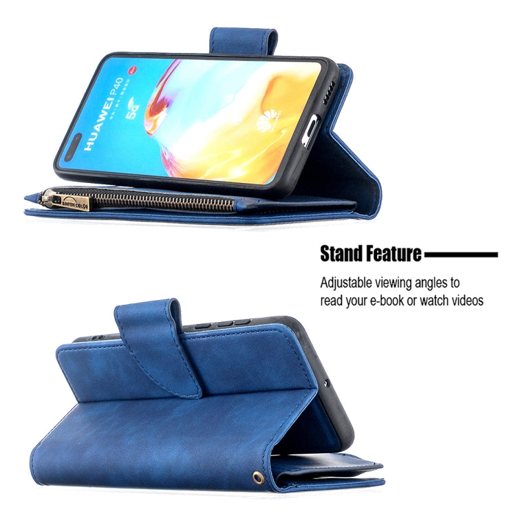 For Huawei P40 Skin Feel Detachable Magnetic Zipper Horizontal Flip PU Leather Case with Multi-Card Slots & Holder & Wallet & Photo Frame & Lanyard