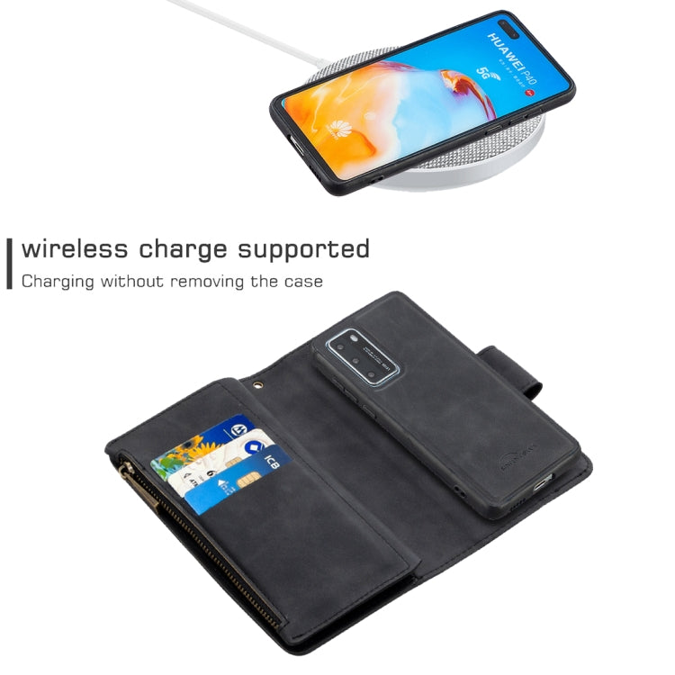 For Huawei P40 Skin Feel Detachable Magnetic Zipper Horizontal Flip PU Leather Case with Multi-Card Slots & Holder & Wallet & Photo Frame & Lanyard