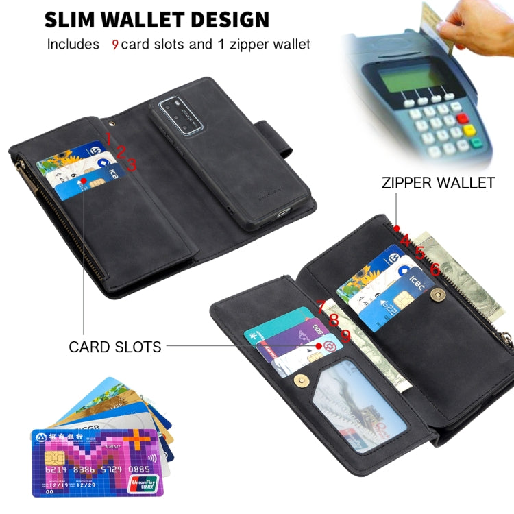 For Huawei P40 Skin Feel Detachable Magnetic Zipper Horizontal Flip PU Leather Case with Multi-Card Slots & Holder & Wallet & Photo Frame & Lanyard