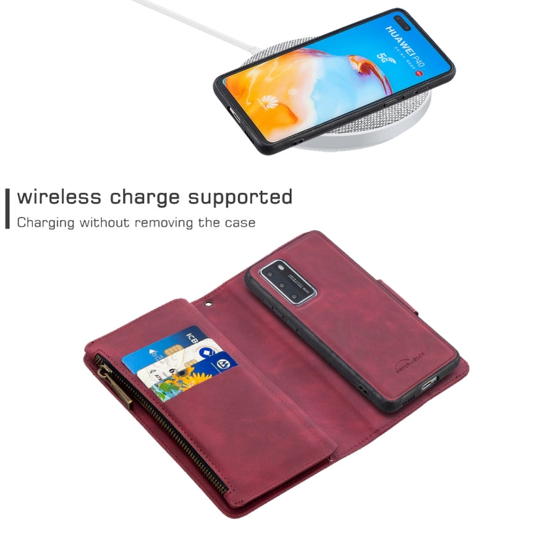 For Huawei P40 Skin Feel Detachable Magnetic Zipper Horizontal Flip PU Leather Case with Multi-Card Slots & Holder & Wallet & Photo Frame & Lanyard