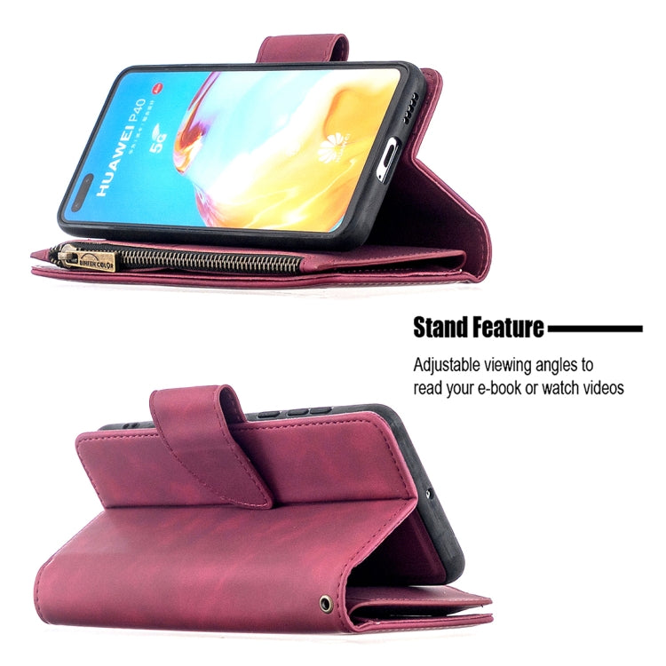 For Huawei P40 Skin Feel Detachable Magnetic Zipper Horizontal Flip PU Leather Case with Multi-Card Slots & Holder & Wallet & Photo Frame & Lanyard