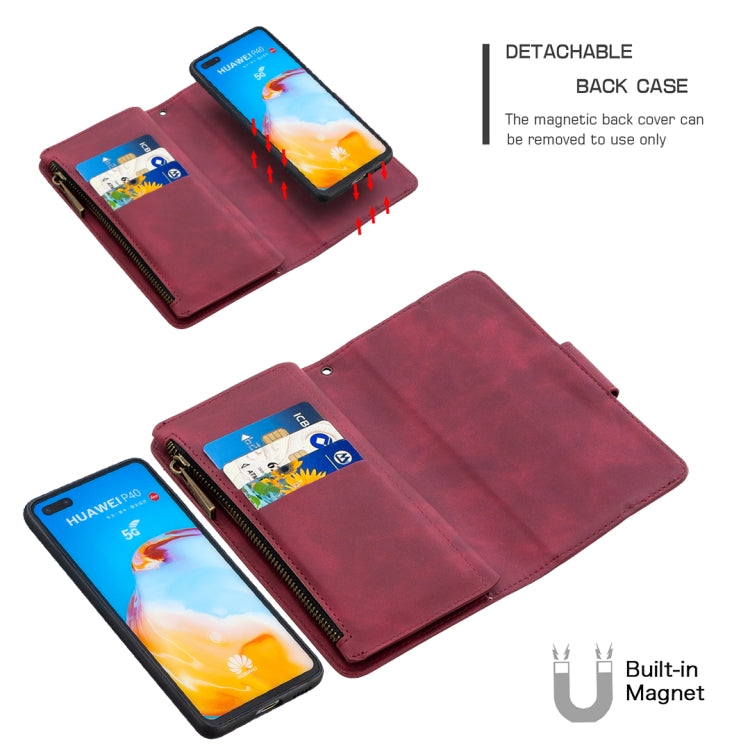 For Huawei P40 Skin Feel Detachable Magnetic Zipper Horizontal Flip PU Leather Case with Multi-Card Slots & Holder & Wallet & Photo Frame & Lanyard