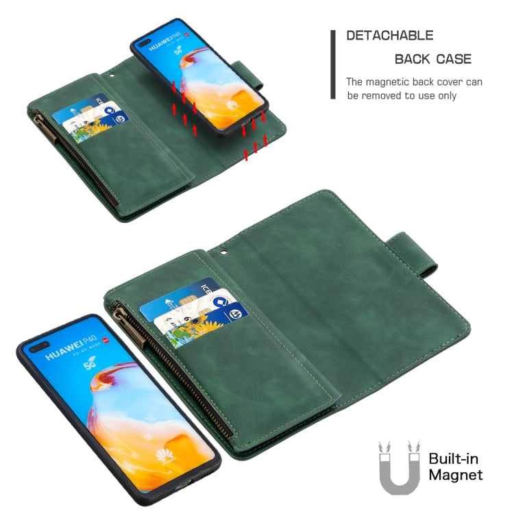 For Huawei P40 Skin Feel Detachable Magnetic Zipper Horizontal Flip PU Leather Case with Multi-Card Slots & Holder & Wallet & Photo Frame & Lanyard