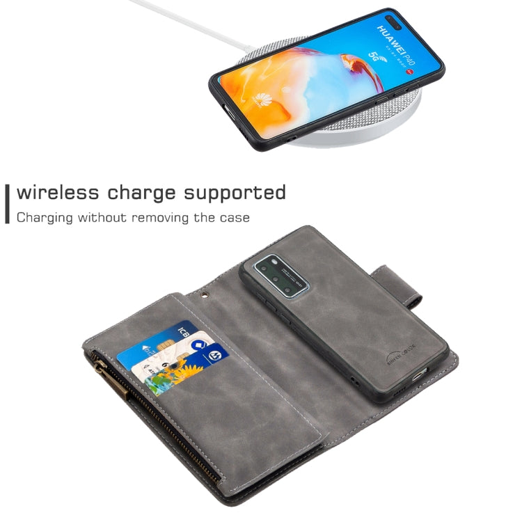 For Huawei P40 Skin Feel Detachable Magnetic Zipper Horizontal Flip PU Leather Case with Multi-Card Slots & Holder & Wallet & Photo Frame & Lanyard