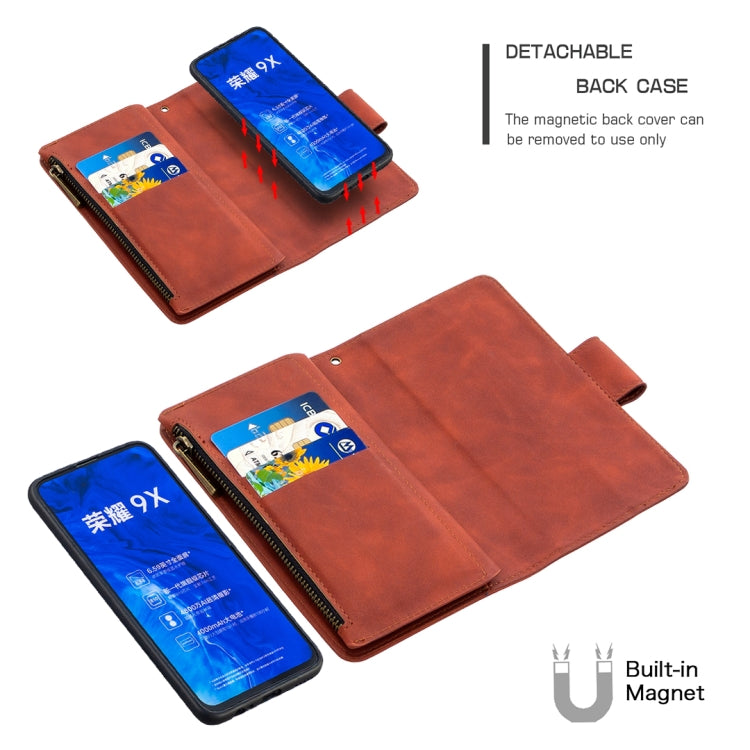 For Huawei Honor 9X Skin Feel Detachable Magnetic Zipper Horizontal Flip PU Leather Case with Multi-Card Slots & Holder & Wallet & Photo Frame & Lanyard