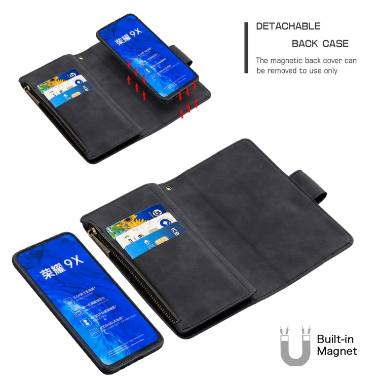 For Huawei Honor 9X Skin Feel Detachable Magnetic Zipper Horizontal Flip PU Leather Case with Multi-Card Slots & Holder & Wallet & Photo Frame & Lanyard