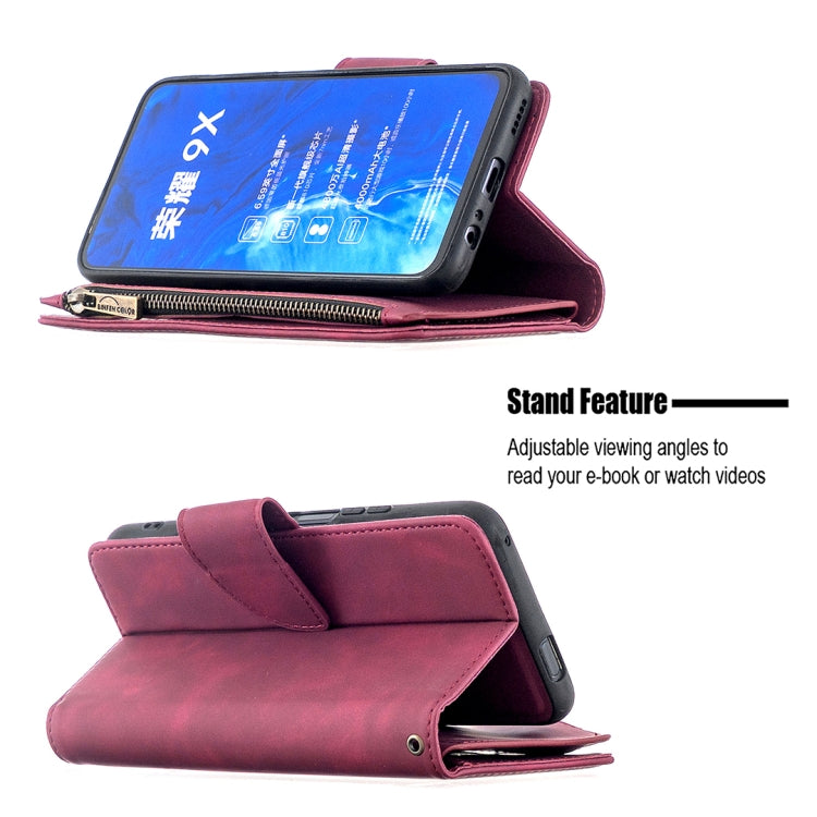 For Huawei Honor 9X Skin Feel Detachable Magnetic Zipper Horizontal Flip PU Leather Case with Multi-Card Slots & Holder & Wallet & Photo Frame & Lanyard