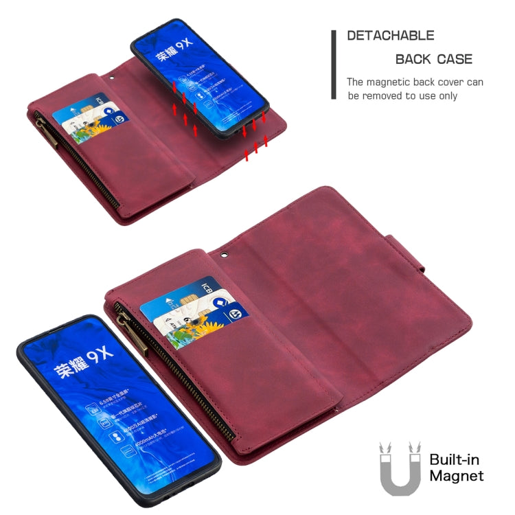 For Huawei Honor 9X Skin Feel Detachable Magnetic Zipper Horizontal Flip PU Leather Case with Multi-Card Slots & Holder & Wallet & Photo Frame & Lanyard