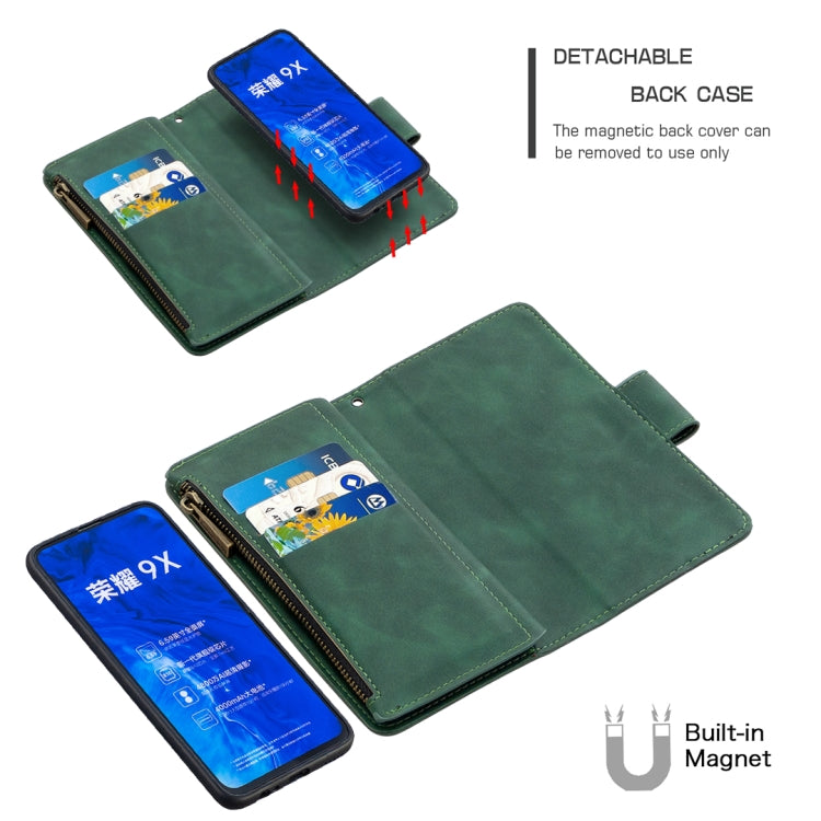 For Huawei Honor 9X Skin Feel Detachable Magnetic Zipper Horizontal Flip PU Leather Case with Multi-Card Slots & Holder & Wallet & Photo Frame & Lanyard