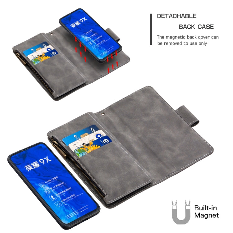 For Huawei Honor 9X Skin Feel Detachable Magnetic Zipper Horizontal Flip PU Leather Case with Multi-Card Slots & Holder & Wallet & Photo Frame & Lanyard