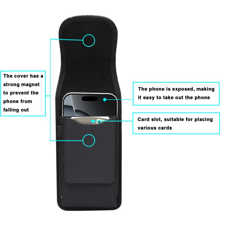 For 6.2-6.5 inch Magnetic Buckle Oxford Cloth with Card Slot Waist-mounted Phone Case - Black