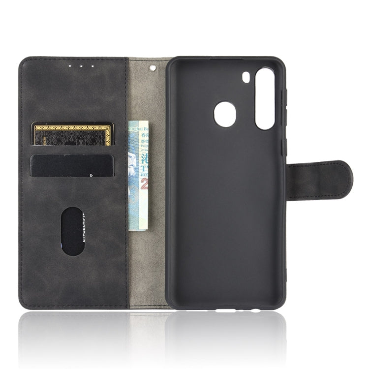 For Samsung Galaxy A21 (Eurasian Version) Solid Color Skin Feel Magnetic Buckle Horizontal Flip Calf Texture PU Leather Case with Holder & Card Slots & Wallet