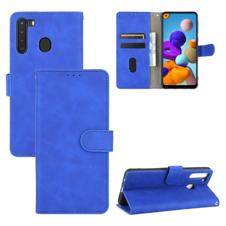 For Samsung Galaxy A21 (Eurasian Version) Solid Color Skin Feel Magnetic Buckle Horizontal Flip Calf Texture PU Leather Case with Holder & Card Slots & Wallet
