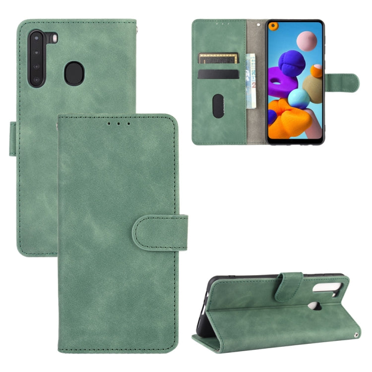 For Samsung Galaxy A21 (Eurasian Version) Solid Color Skin Feel Magnetic Buckle Horizontal Flip Calf Texture PU Leather Case with Holder & Card Slots & Wallet