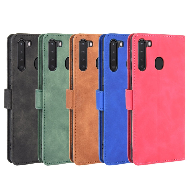 For Samsung Galaxy A21 (Eurasian Version) Solid Color Skin Feel Magnetic Buckle Horizontal Flip Calf Texture PU Leather Case with Holder & Card Slots & Wallet