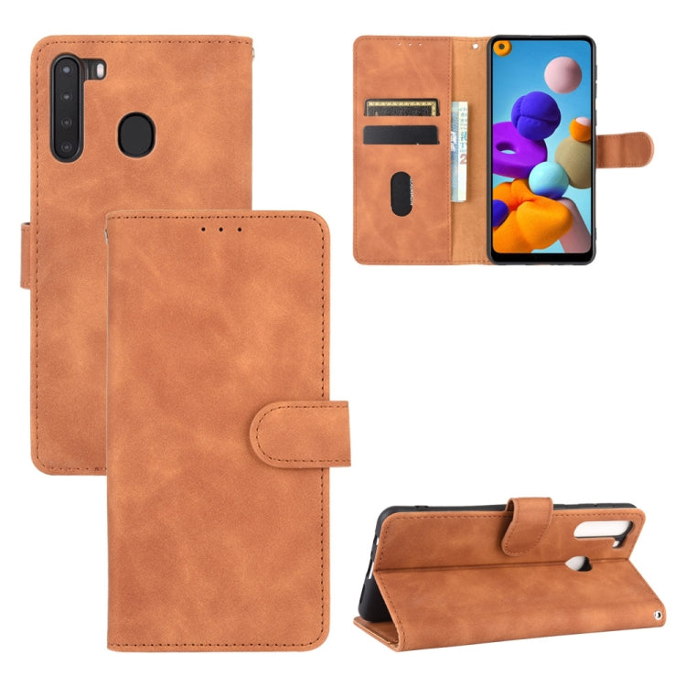 For Samsung Galaxy A21 (Eurasian Version) Solid Color Skin Feel Magnetic Buckle Horizontal Flip Calf Texture PU Leather Case with Holder & Card Slots & Wallet