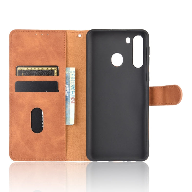 For Samsung Galaxy A21 (Eurasian Version) Solid Color Skin Feel Magnetic Buckle Horizontal Flip Calf Texture PU Leather Case with Holder & Card Slots & Wallet