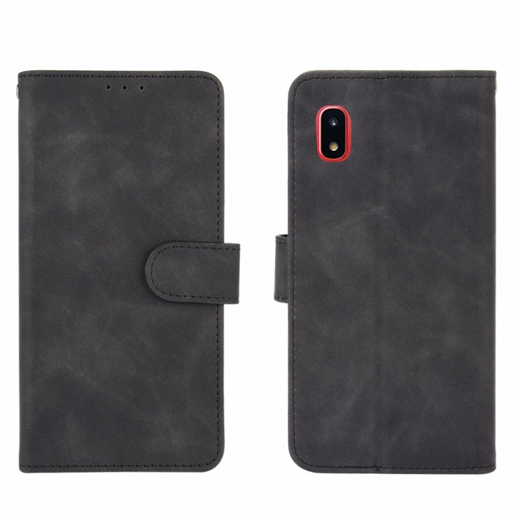 For Samsung Galaxy A20 (Japanese Version) Solid Color Skin Feel Magnetic Buckle Horizontal Flip Calf Texture PU Leather Case with Holder & Card Slots & Wallet