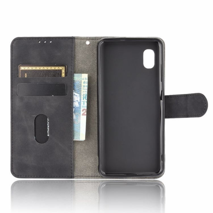 For Samsung Galaxy A20 (Japanese Version) Solid Color Skin Feel Magnetic Buckle Horizontal Flip Calf Texture PU Leather Case with Holder & Card Slots & Wallet