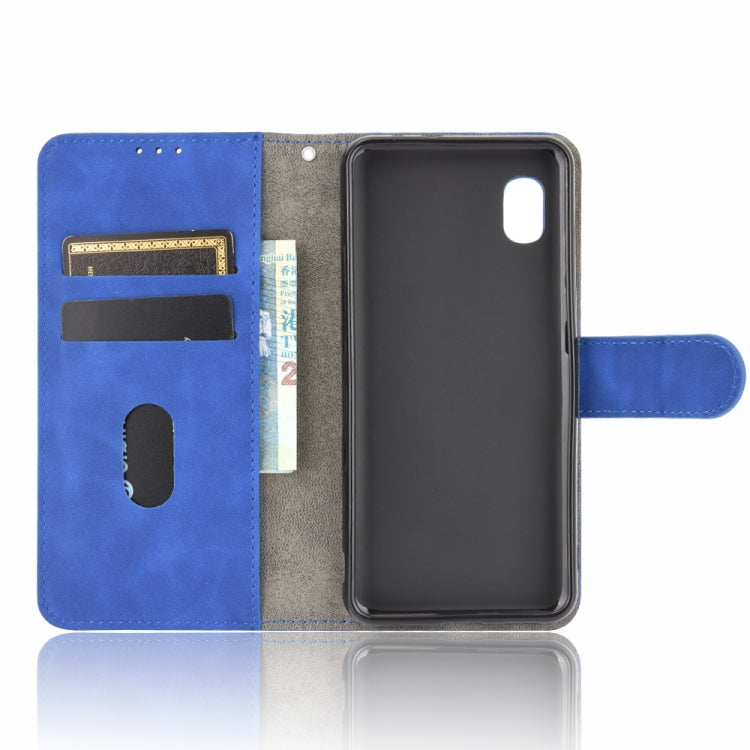 For Samsung Galaxy A20 (Japanese Version) Solid Color Skin Feel Magnetic Buckle Horizontal Flip Calf Texture PU Leather Case with Holder & Card Slots & Wallet