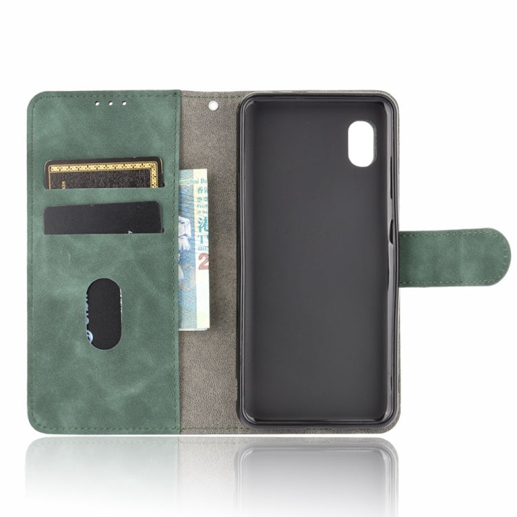 For Samsung Galaxy A20 (Japanese Version) Solid Color Skin Feel Magnetic Buckle Horizontal Flip Calf Texture PU Leather Case with Holder & Card Slots & Wallet