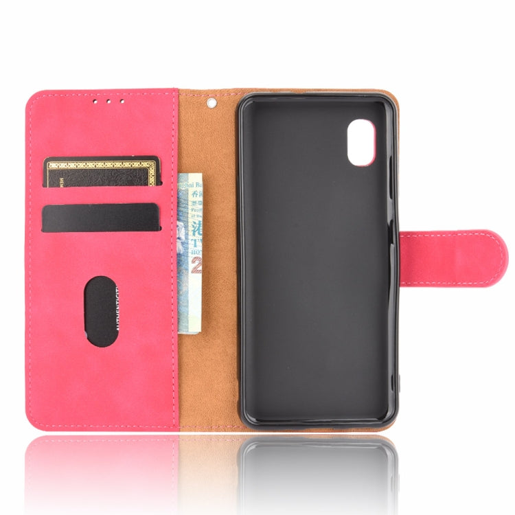 For Samsung Galaxy A20 (Japanese Version) Solid Color Skin Feel Magnetic Buckle Horizontal Flip Calf Texture PU Leather Case with Holder & Card Slots & Wallet