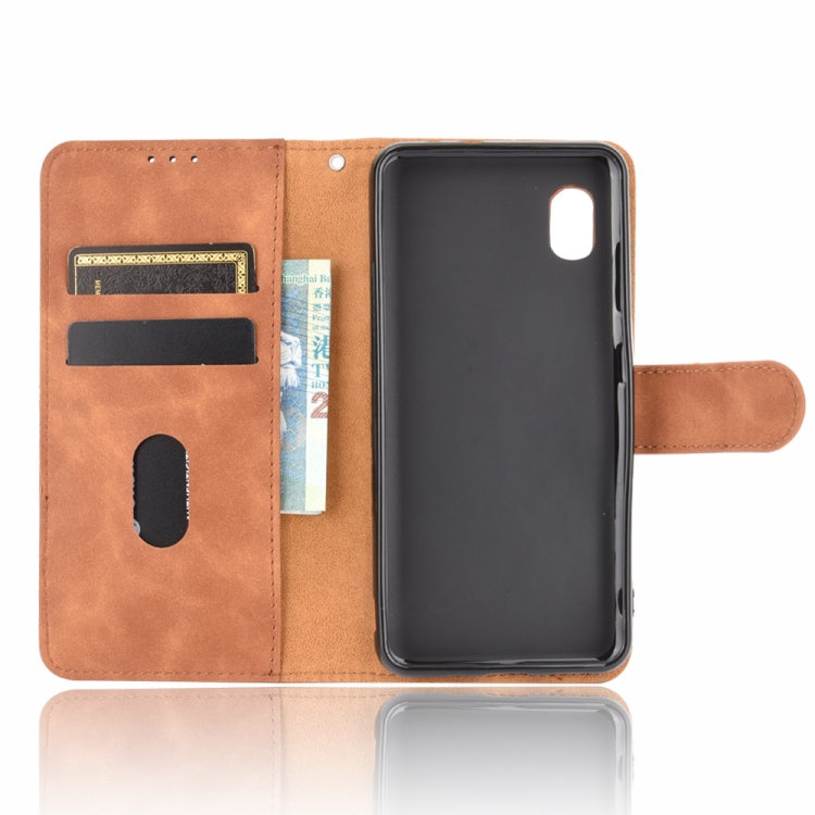 For Samsung Galaxy A20 (Japanese Version) Solid Color Skin Feel Magnetic Buckle Horizontal Flip Calf Texture PU Leather Case with Holder & Card Slots & Wallet