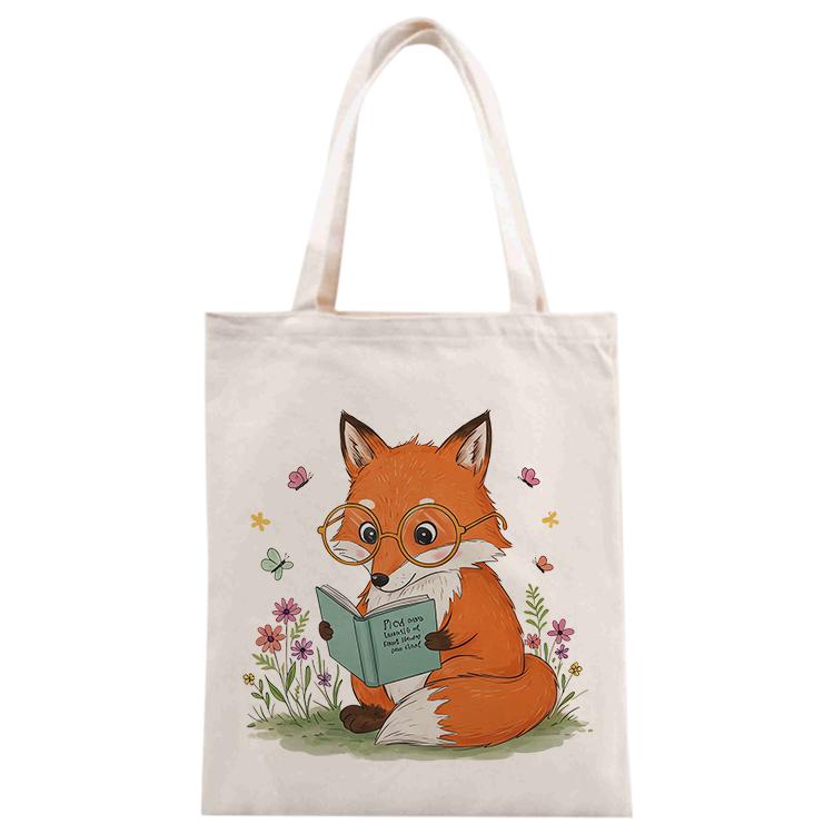 Reading Fox Printed Canvas Handbag Digital Print On Your Demand, Size:35x30cm