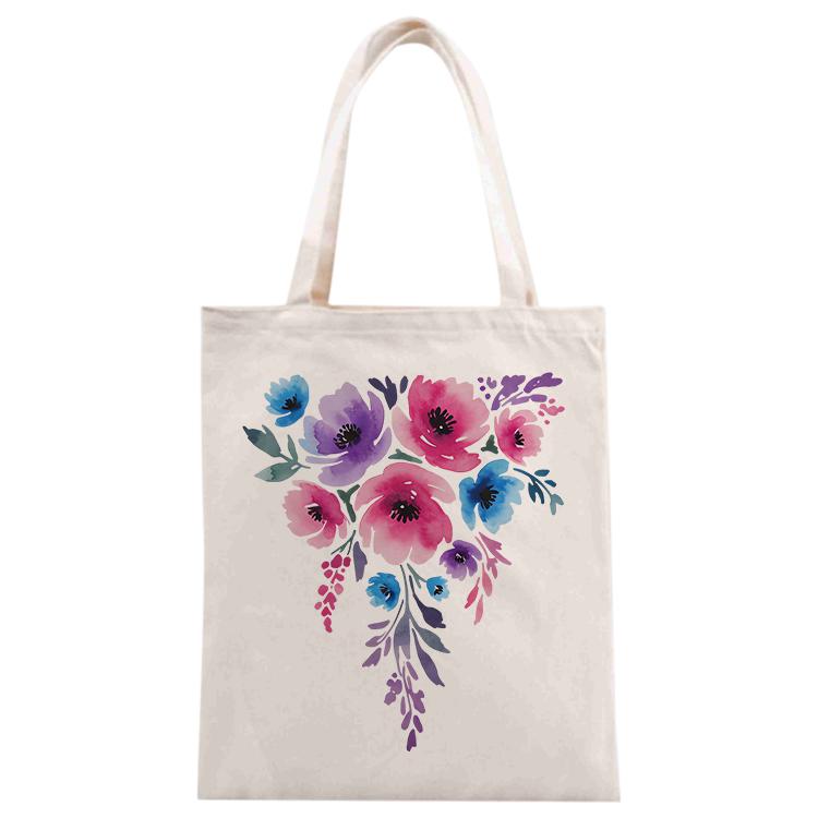 Watercolor Flowers Printed Canvas Handbag Digital Print On Your Demand, Size:35x30cm