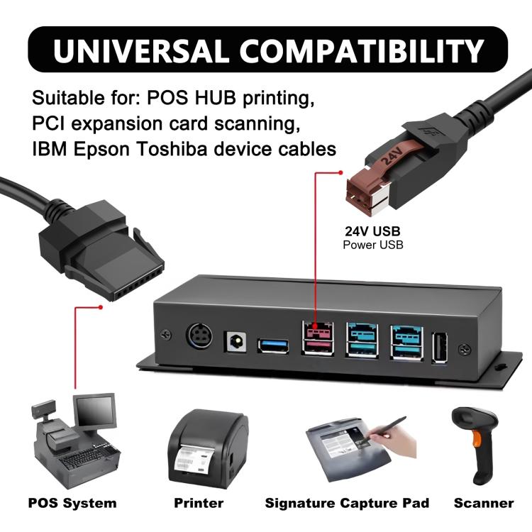 24V Powered USB to 8 Pin Stecker Data Cable for Printers POS Systems, Length:1.8m - Black