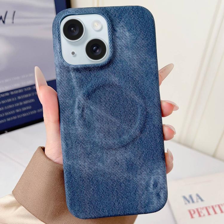 For iPhone 15 Denim MagSafe Magnetic PC + PU Phone Case