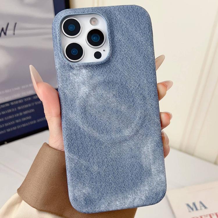 For iPhone 15 Pro Max Denim MagSafe Magnetic PC + PU Phone Case