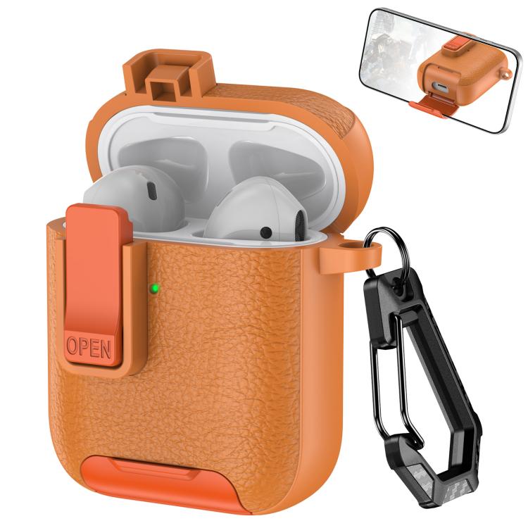 For AirPods 1 / 2 Leather Texture Wireless Earphones Case with Hook & Holder