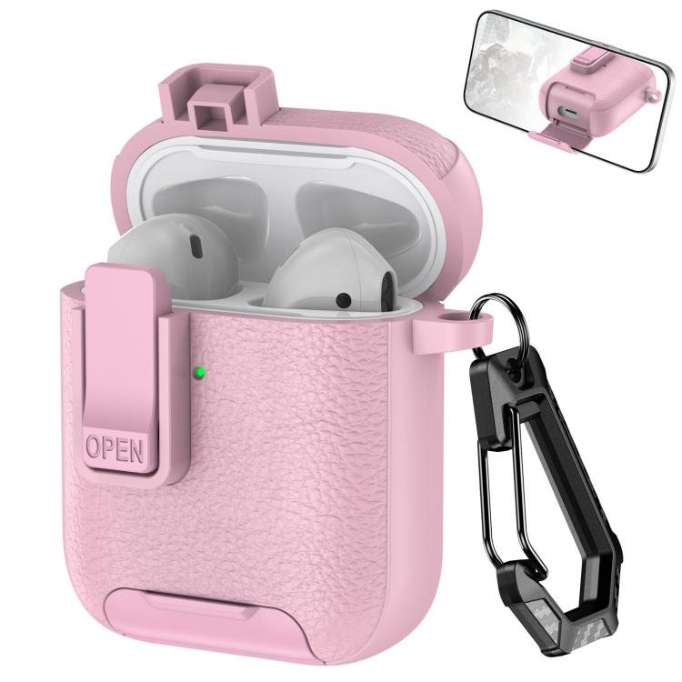 For AirPods 1 / 2 Leather Texture Wireless Earphones Case with Hook & Holder