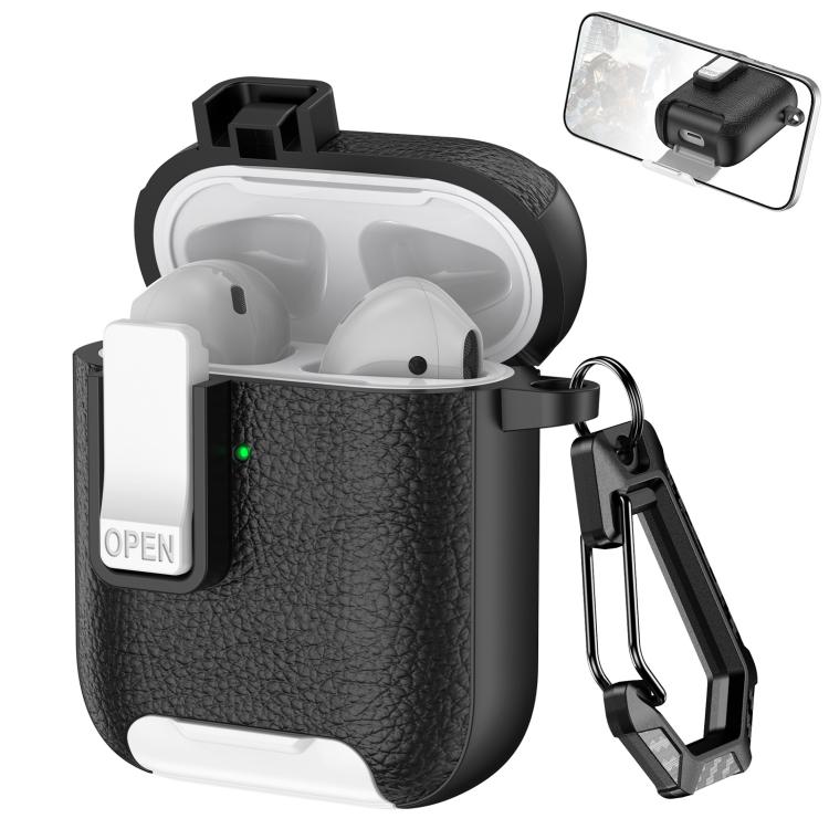For AirPods 1 / 2 Leather Texture Wireless Earphones Case with Hook & Holder