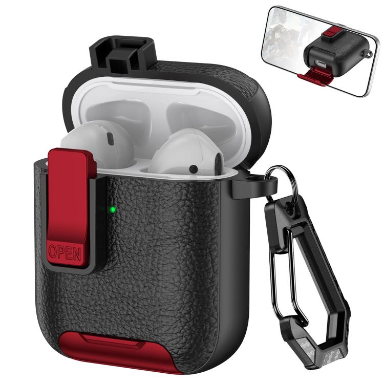 For AirPods 1 / 2 Leather Texture Wireless Earphones Case with Hook & Holder