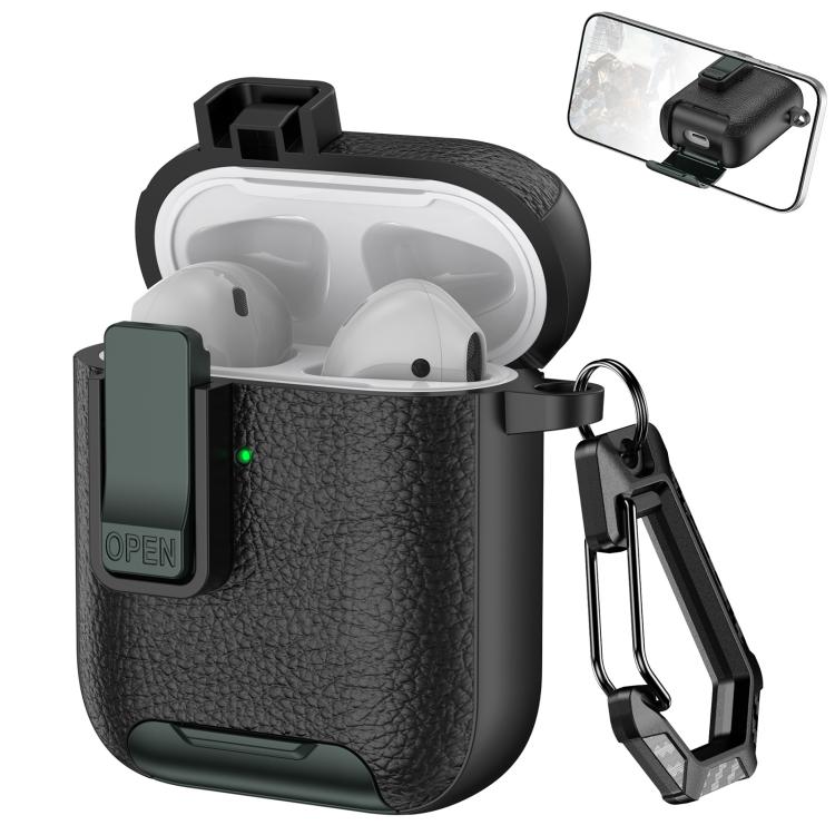 For AirPods 1 / 2 Leather Texture Wireless Earphones Case with Hook & Holder