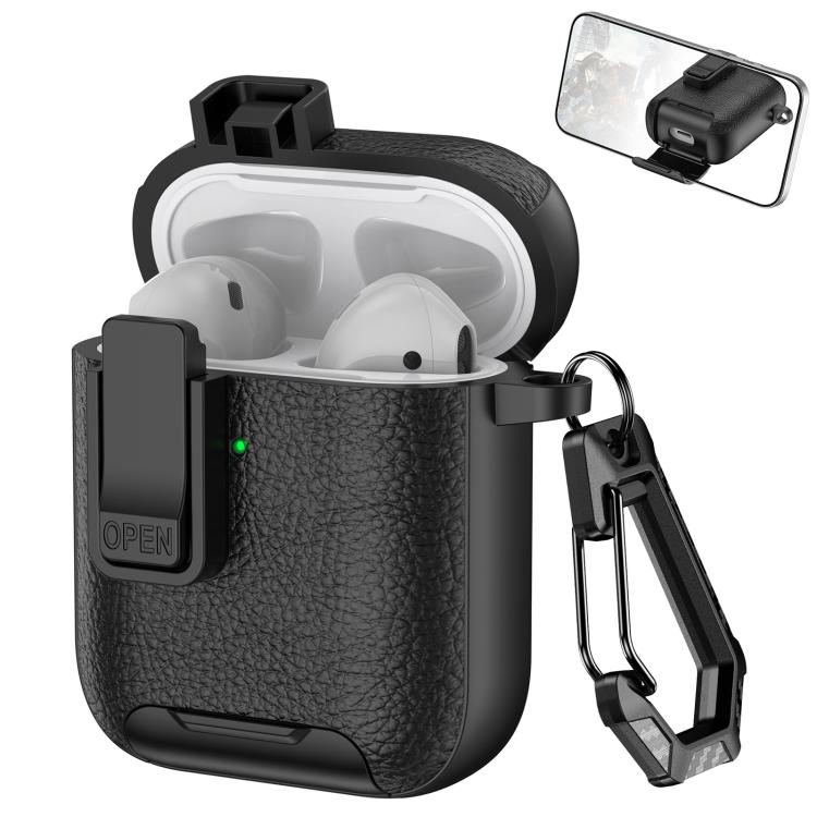 For AirPods 1 / 2 Leather Texture Wireless Earphones Case with Hook & Holder