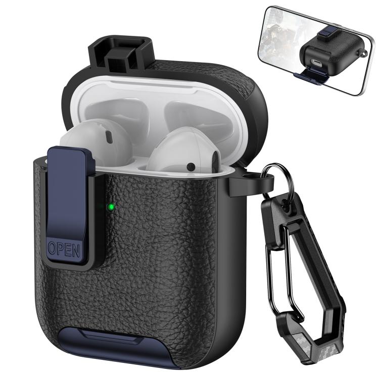 For AirPods 1 / 2 Leather Texture Wireless Earphones Case with Hook & Holder