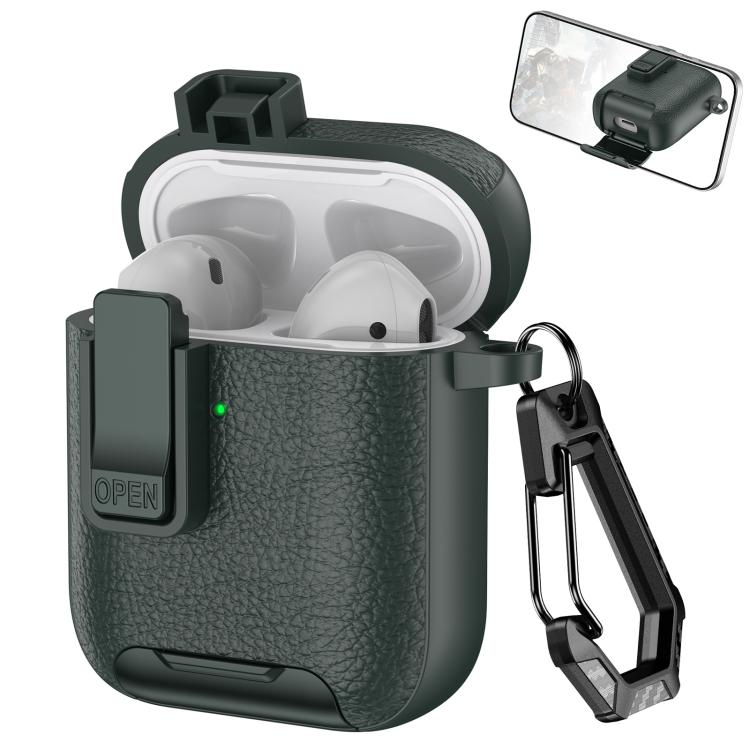 For AirPods 1 / 2 Leather Texture Wireless Earphones Case with Hook & Holder